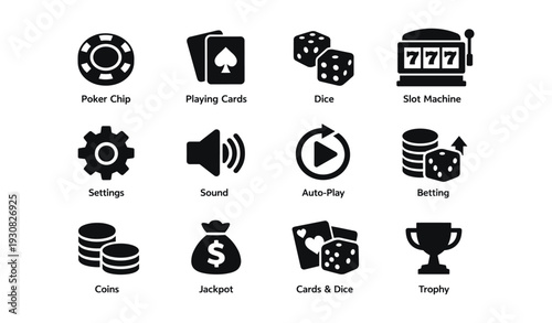 Casino icons set: poker chip, playing cards, dice, slot machine, more