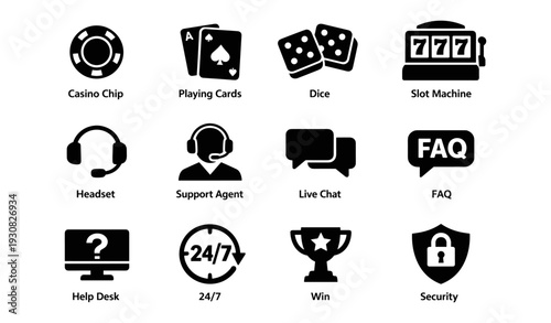 Casino and customer support icons: chips, cards, dice, slot machine, headset, chat, security