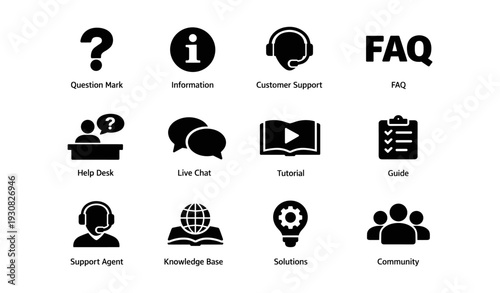 Customer support icons: faq, help desk, live chat, tutorial, guide