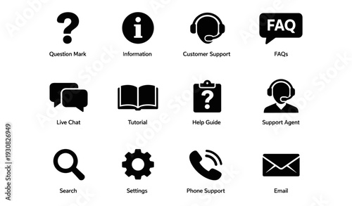 Customer support icons collection: faq, live chat, information, help guide, and more