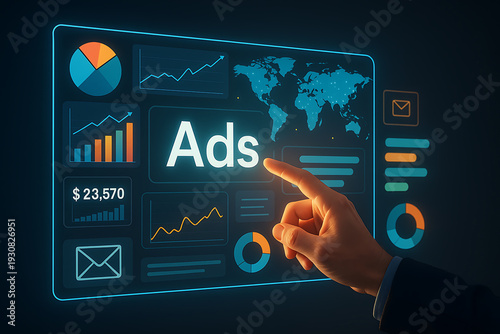 Marketing manager interacting with modern ads performance graphs using advanced digital technology for campaign growth analysis