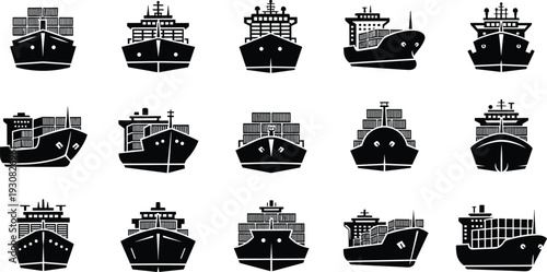 Cargo ship silhouettes collection, container vessels front and side views, maritime transport icons, shipping and logistics concept, black vector illustration