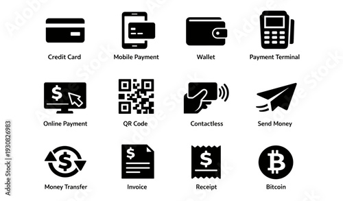 Digital payment icons: credit card, mobile, wallet, qr, bitcoin