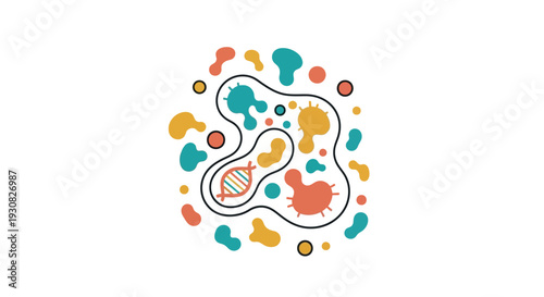 Microscopic view of diverse microorganisms and DNA structure, representing biology and science.