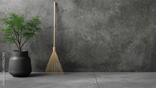 Broom and Plant in Modern Interior Space With Gray Walls and Tiled Floor