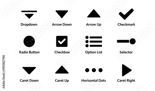 Ui icons set: dropdown, checkbox, radio button, caret, dots, selector, arrow