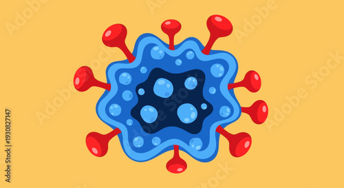 A stylized illustration of a blue virus with red spike-like protrusions against a plain orange background.