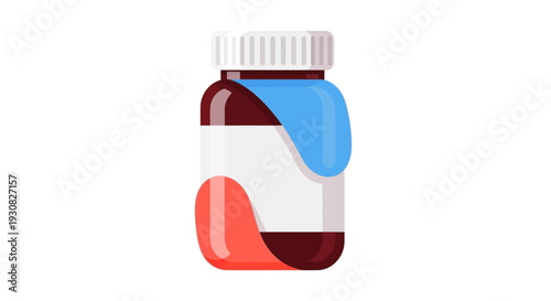 A cartoon illustration of a dark brown glass bottle with a white cap, containing red liquid and a white label with a blue accent.
