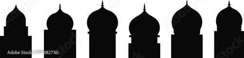 Islamic mosque dome silhouette collection with traditional Arabic architecture shapes, black flat vector illustration set