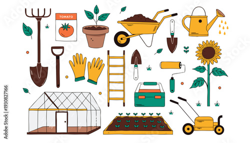 German Spring Home and Garden Heimwerken Flat Vector Illustration Set with Garden Tools