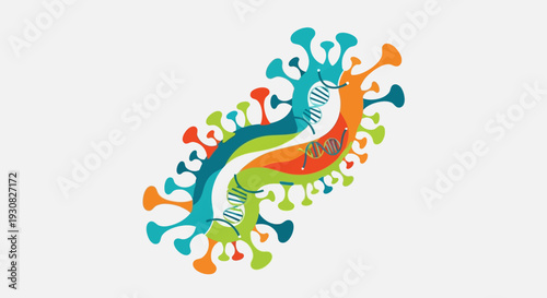 Abstract representation of a virus and DNA helix intertwined, symbolizing scientific research and biological processes.
