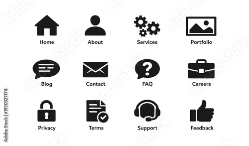 Website navigation icons: home, about, services, contact, faq, privacy, support