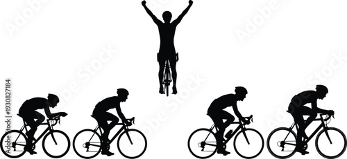 Cyclist race silhouettes, road cycling motion sequence, professional bicycle racing action, black vector illustration of athletic endurance sport