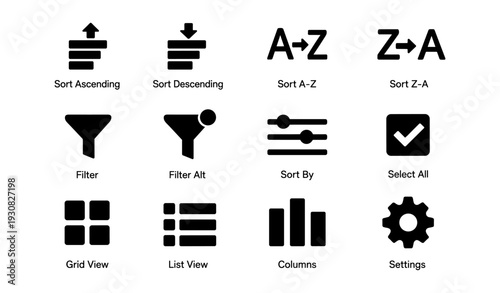 Icon set for sorting, filtering, and viewing options in user interface design
