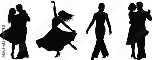 Dancing couples silhouettes, ballroom and tango dance poses, romantic movement and passion concept, elegant people figures, black vector illustration
