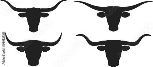 Longhorn bull head silhouette set, western cattle icon collection, cowboy ranch symbol, black vector illustration isolated on white