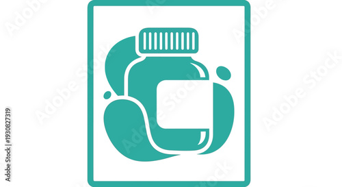 A teal icon featuring a pill bottle with a blank label, surrounded by swirling abstract shapes.