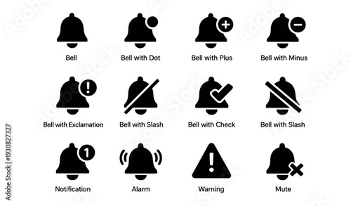 Notification icons set: bell variations including dot, plus, minus, exclamation