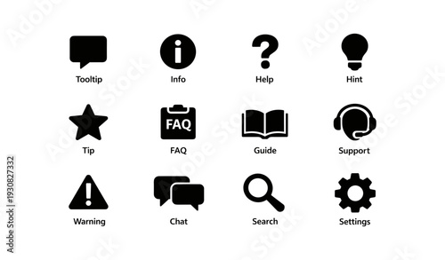 Twelve essential user interface icons for guidance and support