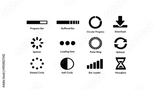 Loading icons set: progress bars, spinners, refresh, download, hourglass