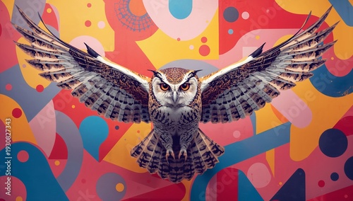 Owl Spreads Wings in Front of Colorful Geometric Background During Daylight H...