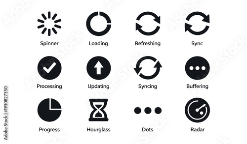 Set of loading and sync icons including spinner and hourglass