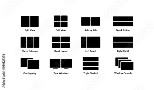 Various window layouts: split, grid, side, panel views for efficient organization
