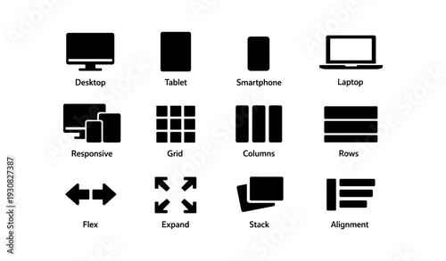 Set of black minimalist icons for devices and layouts