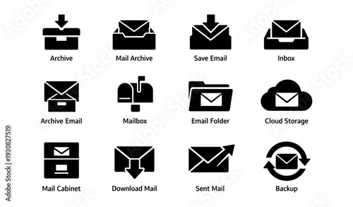 Email management icons: archive, mail, folder, cloud, inbox, download, backup