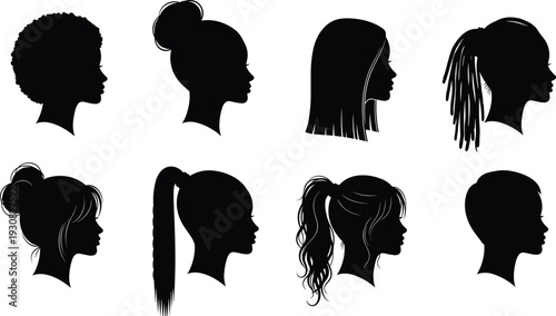 Female head silhouettes collection, women hairstyle profile poses, black vector illustration of different hair styles, beauty and fashion concept