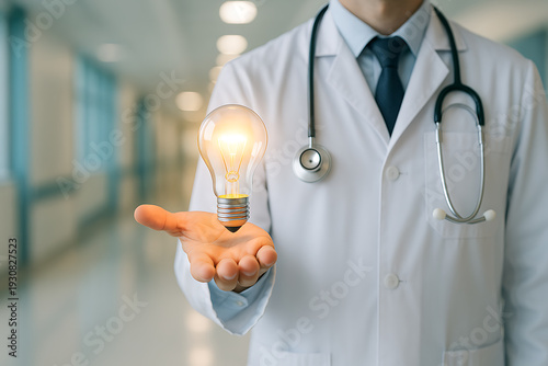 Medical doctor holding glowing light bulb symbolizing healthcare innovation and creative solution