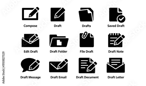 Draft icons collection: compose, edit, save, and organize documents