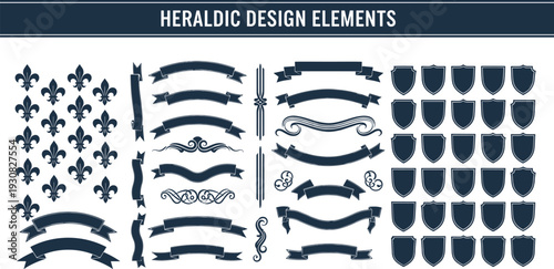 Heraldic Design Elements Vector Set, Vintage Shields, Ribbons, Banners and Fleur de Lis Icons Collection for Crest Logo and Coat of Arms
