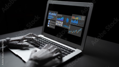Wallpaper Mural Robotic hand interacts with a laptop displaying vibrant data visualizations in a dark setting, illustrating the fusion of technology and creativity in modern analytics. Gantry Torontodigital.ca