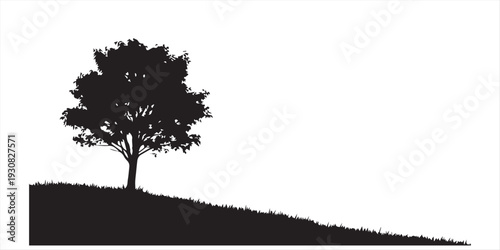 Black silhouette of trees and plants on a small hill, isolated on white background.