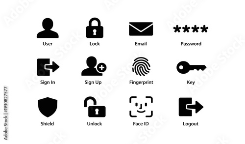 User interface security icons set: lock, email, password, sign in, key, shield