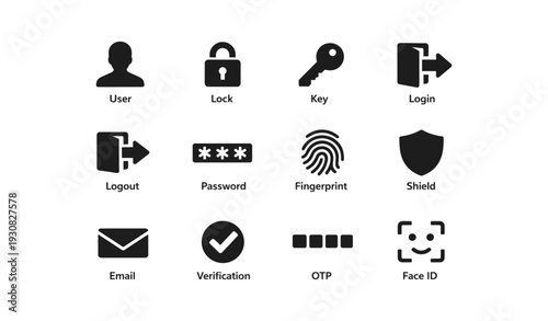Security icons set: user, lock, key, login, logout, password, fingerprint, shield, email, verification