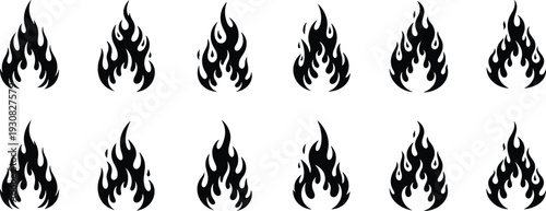 Fire flame silhouettes collection, burning flame icons set, black vector illustration of heat, energy, danger, and fire symbols