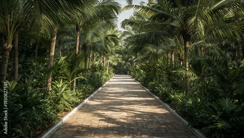 Palm Trees Line a Path in a Tropical Garden During the Daytime