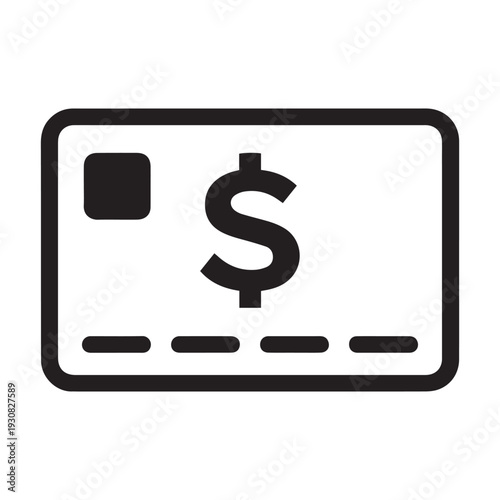 Minimalist black and white credit card icon with a dollar sign symbol for financial transactions, banking, and online digital payment processing.