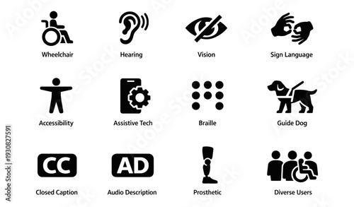 Accessibility symbols: wheelchair, hearing, vision, sign language, assistive technologies