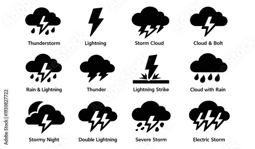 Weather icons: thunderstorm, lightning, storm cloud, rain and thunder symbols