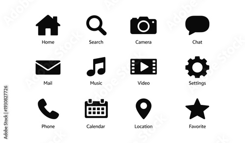 Home, search, camera, chat, mail, music, video, settings icons collection