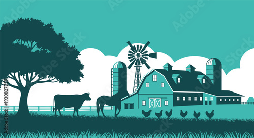 Rural Farm Landscape Illustration, Barn, Windmill and Livestock Silhouette Vector Scene with Cows and Chickens in Countryside Agricultural Setting