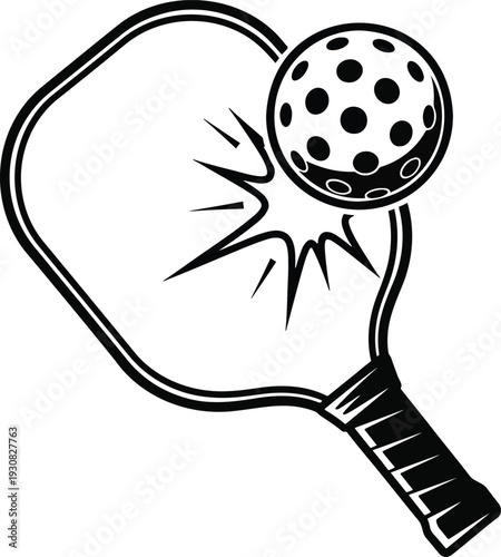 Black and white line pickleball paddle hitting a pickleball with motion lines sport game