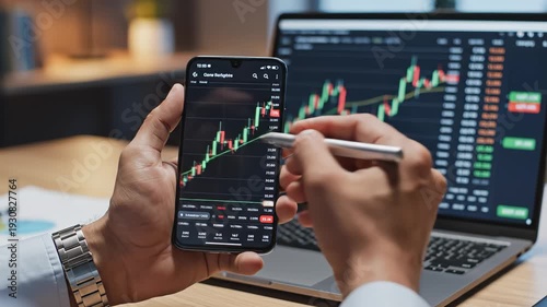 Wallpaper Mural Person analyzing stock market data on mobile and laptop Torontodigital.ca