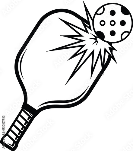 Black and white of a pickleball paddle hitting a pickleball with motion lines sport game 1