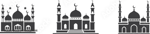 Islamic mosque illustration set with domes and minarets crescent symbols, Ramadan flat vector illustration collection