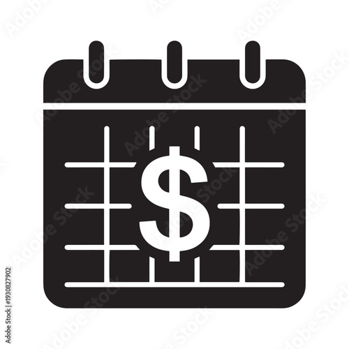 Minimalist Black and White Calendar Icon Featuring a Dollar Sign Symbol, Representing Financial Planning, Payday Schedules, and Budget Management Tasks.