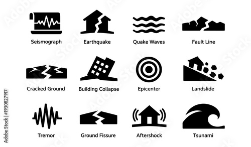 Earthquake icons: seismograph, aftershock, tsunami, fault line, landslide